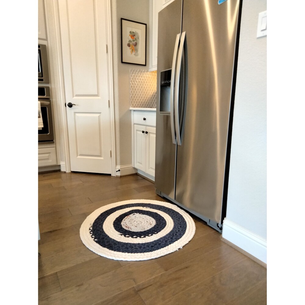Bullseye Braided Rag Rug Round 36-inch Navy White Gray - Picture 4 of 6